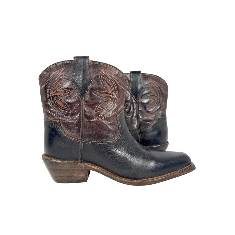 Bed Stu Cobbler Series Western Ankle Boots Womens 6 Black Brown Leather Snip Toe
